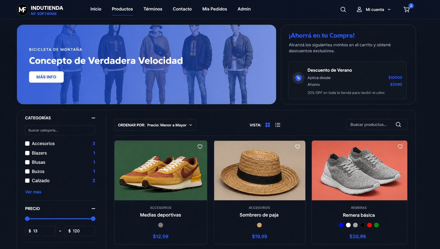 Panel de administración de InduTienda desde donde se gestionan productos, ventas, pedidos, stock, clientes y facturación