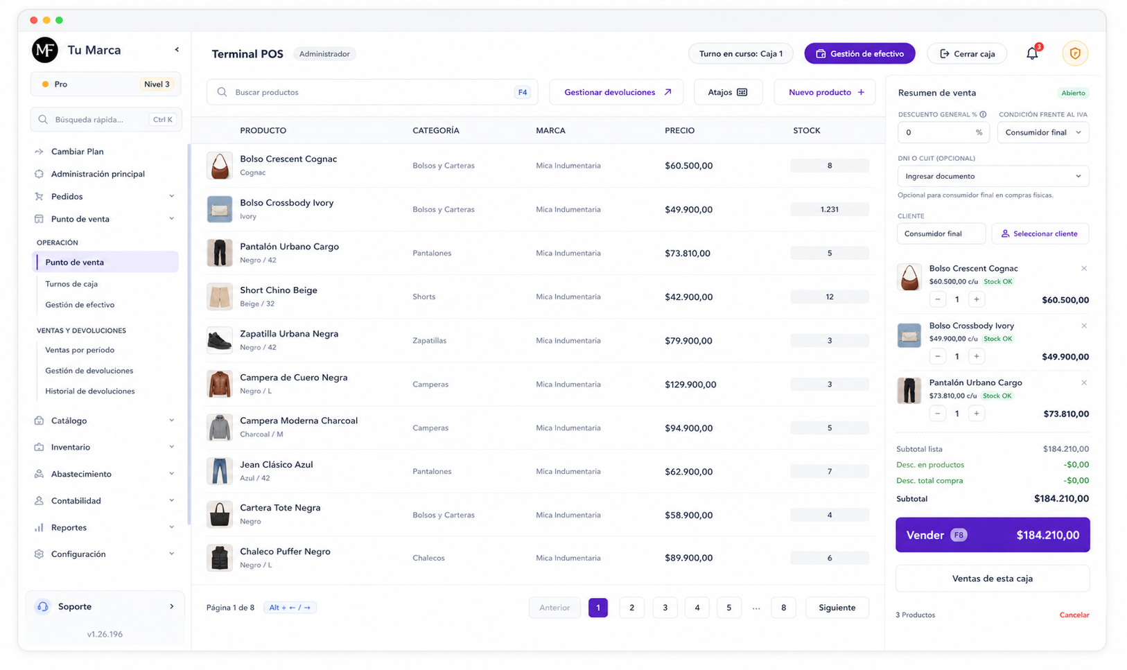 Terminal POS de InduTienda cobrando una venta presencial en mostrador